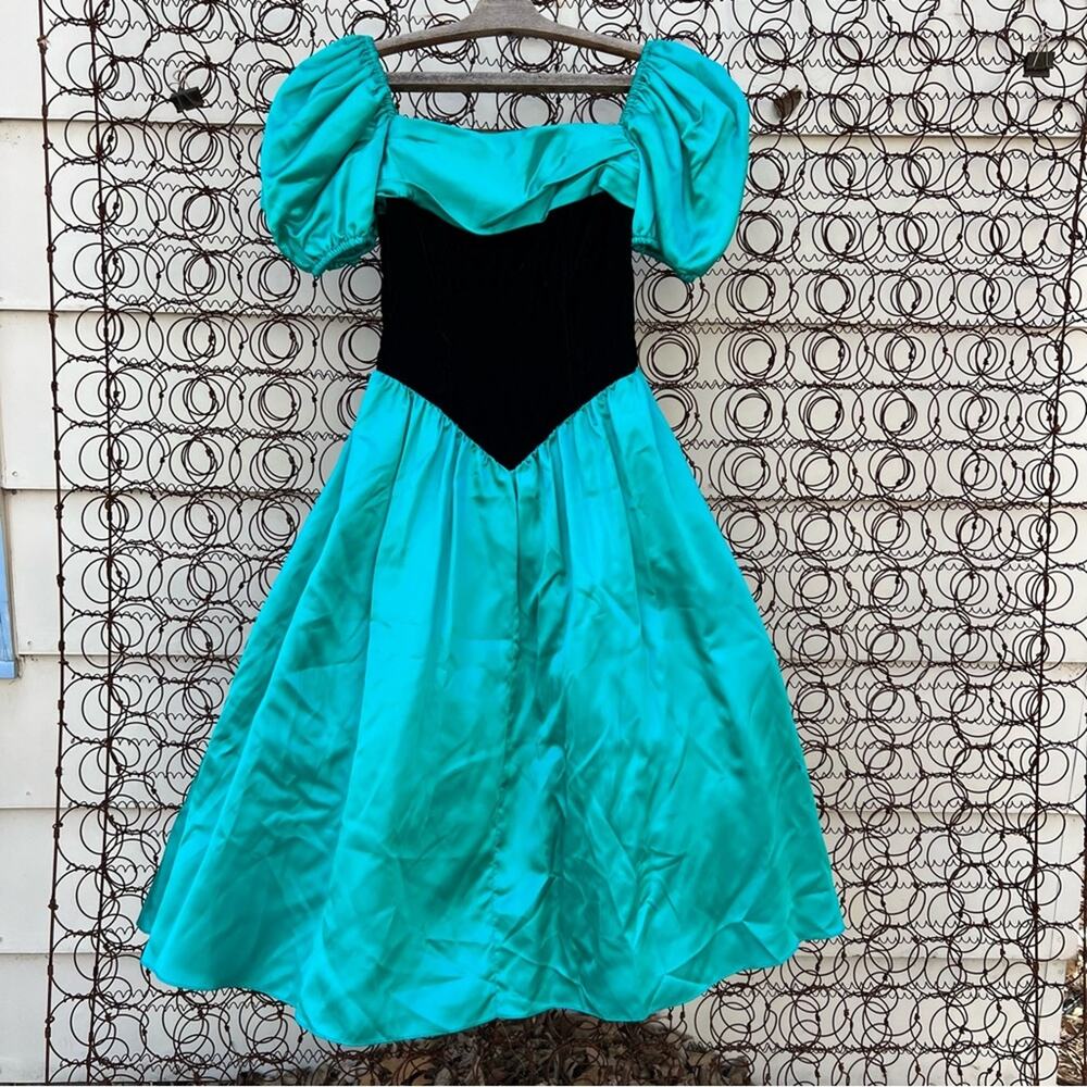 Vintage 80s 90s Roberta teal sateen black velvet v waist prom dress NWT